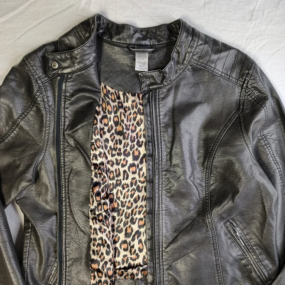 Cruel Womens Faux Leather Biker Jacket Metallic Black Leopard Lining XL - Picture 2 of 15